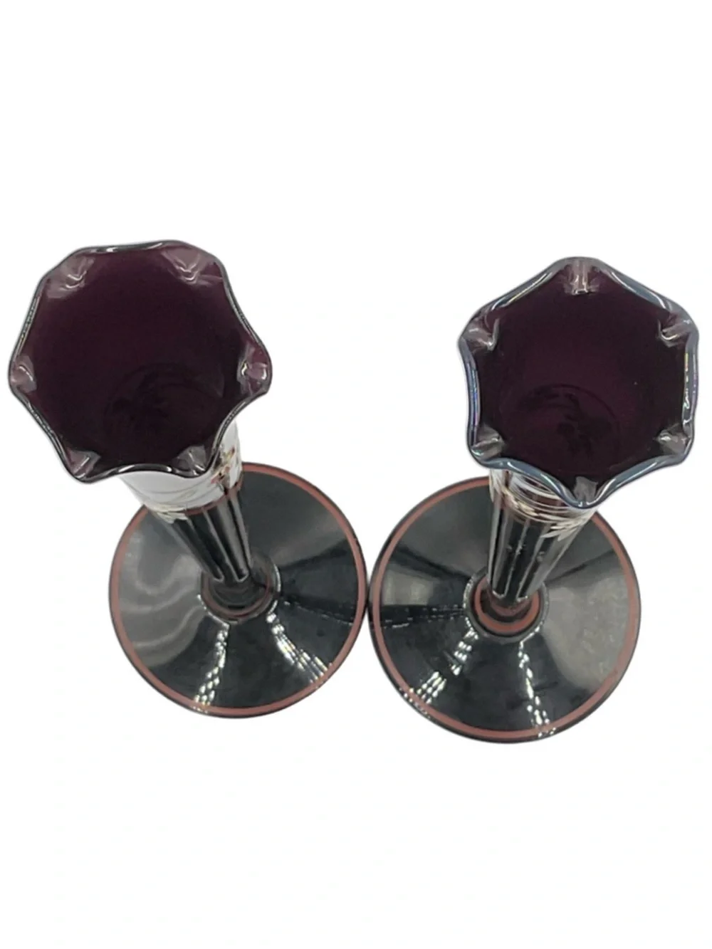 Antique Pair of Maryland Glass Black Amethyst Glass Art Deco Vase Hand Painted